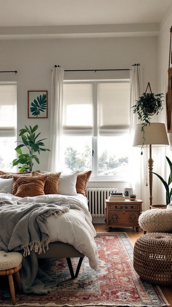 A cozy boho farmhouse bedroom featuring modern and vintage styles with plants and soft textiles.