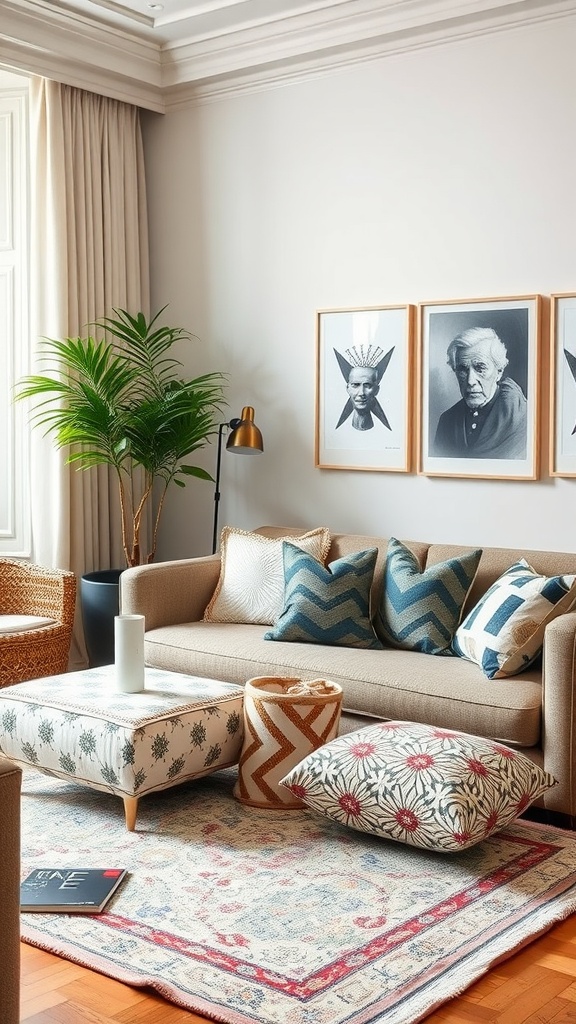 A cozy living room featuring a beige sofa with patterned pillows, a coffee table, and framed artwork on the wall.
