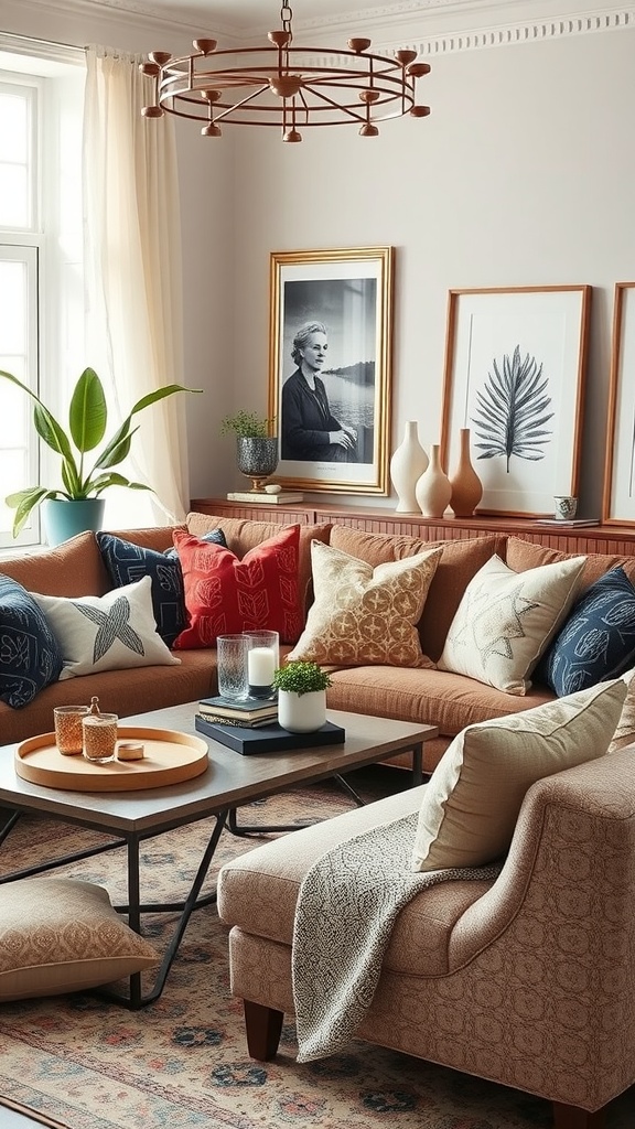 A cozy living room with patterned pillows, a textured rug, and stylish decor.