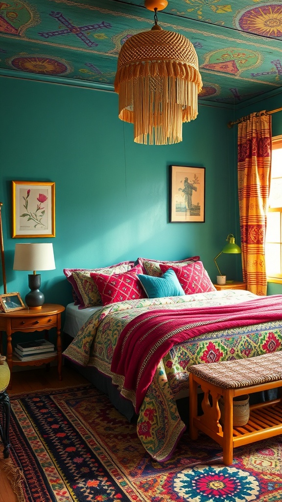 A cozy boho bedroom with colorful patterned bedding, pillows, and decor.