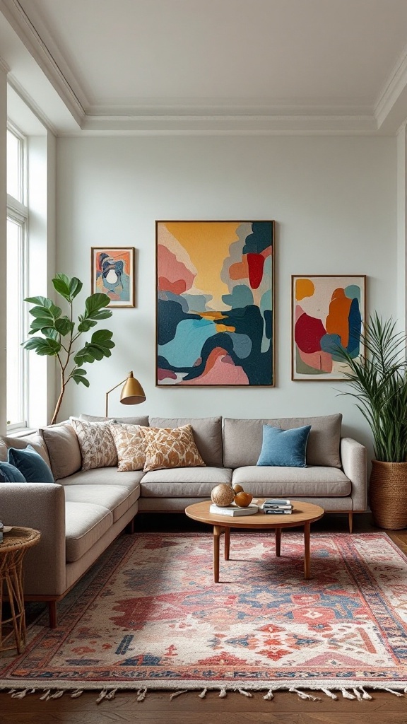 A cozy living room featuring a sectional sofa, colorful abstract art on the walls, and a decorative rug.