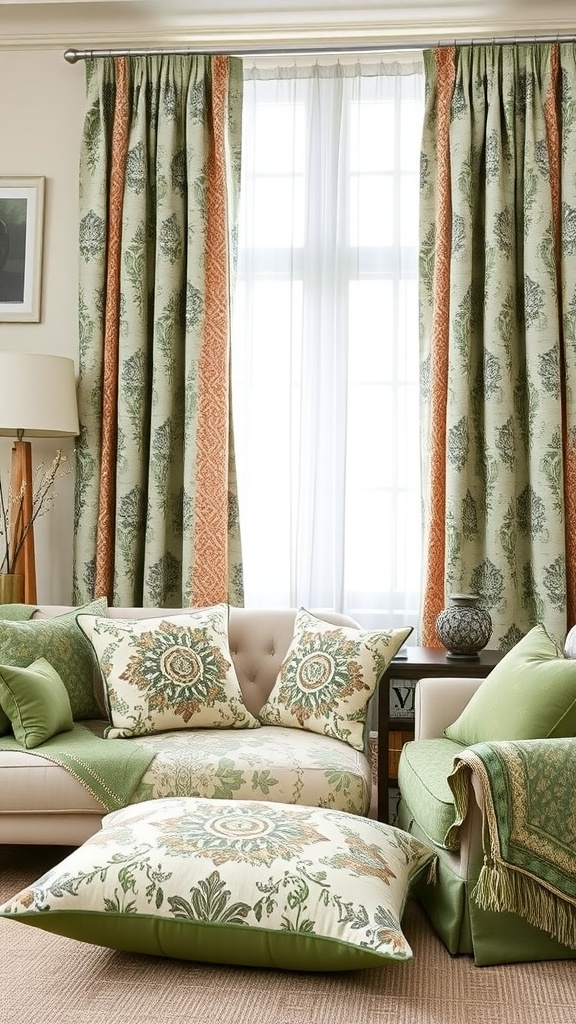 Cozy sage green bedroom with mixed patterns in curtains and cushions.