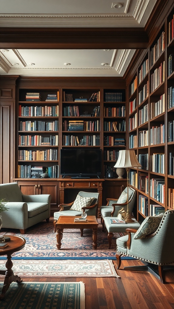 A cozy library with vintage and modern elements, featuring shelves of books, comfortable seating, and warm lighting.