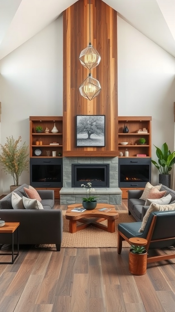 A modern rustic living room featuring warm wood tones, sleek furniture, and a cozy atmosphere.