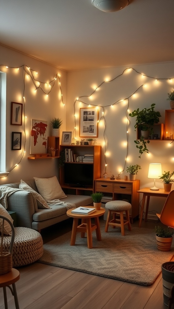 Cozy studio apartment living room with fairy lights creating a warm atmosphere.