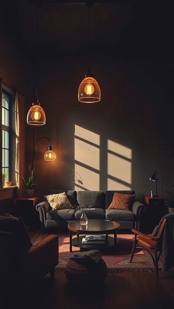 Dark boho living room with vintage lighting fixtures