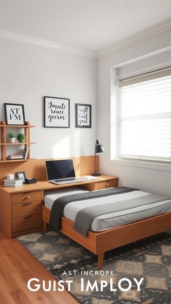 A cozy room with a bed and a desk, showcasing multi-functional furniture.