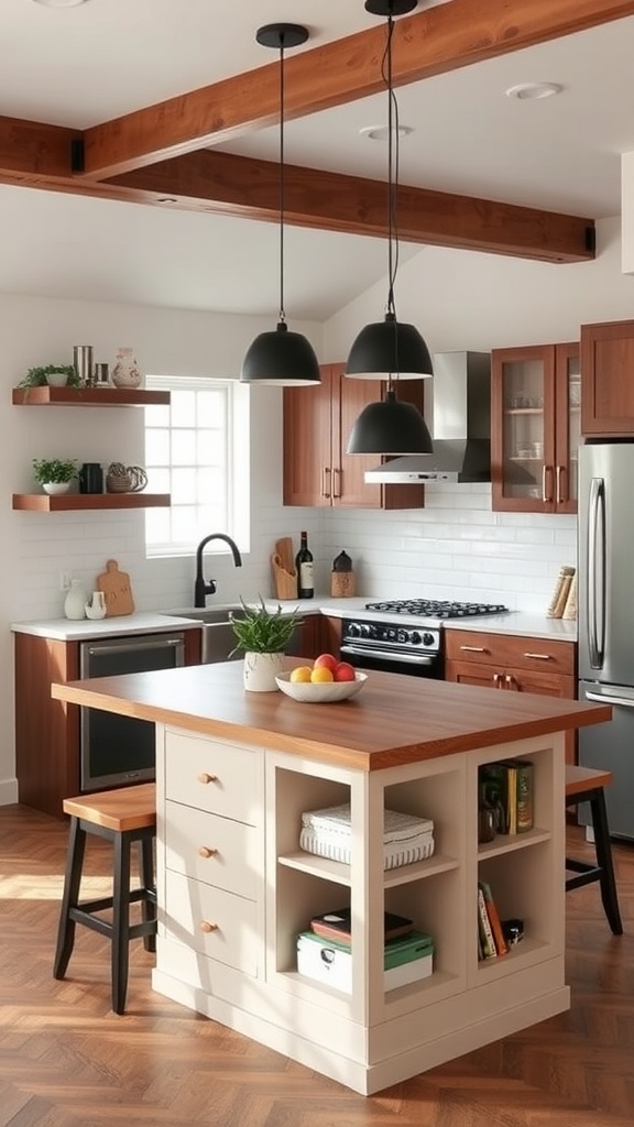 A stylish kitchen with a multi-functional island that includes storage and seating.