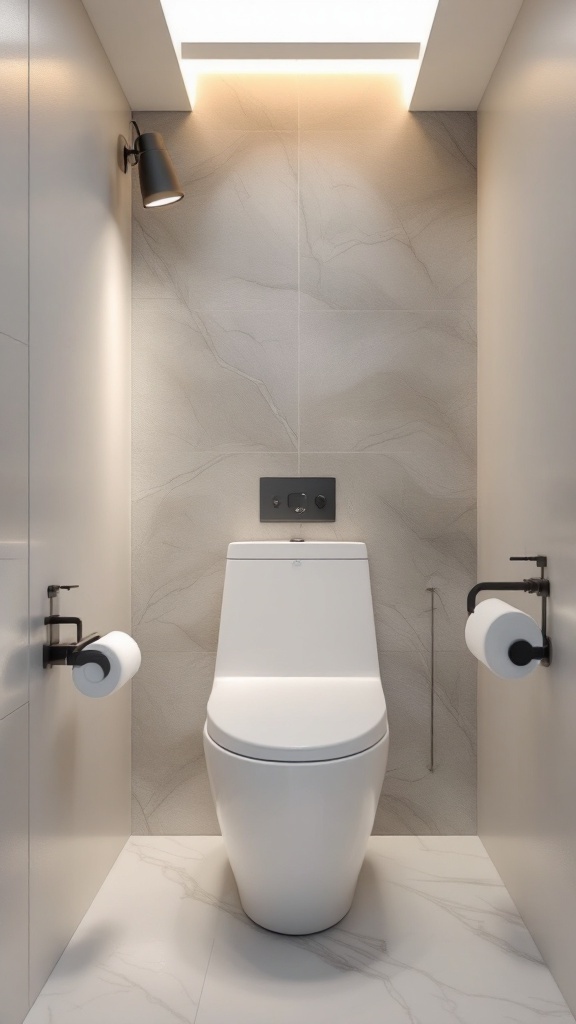 Modern small toilet with sleek multi-functional lighting fixtures.