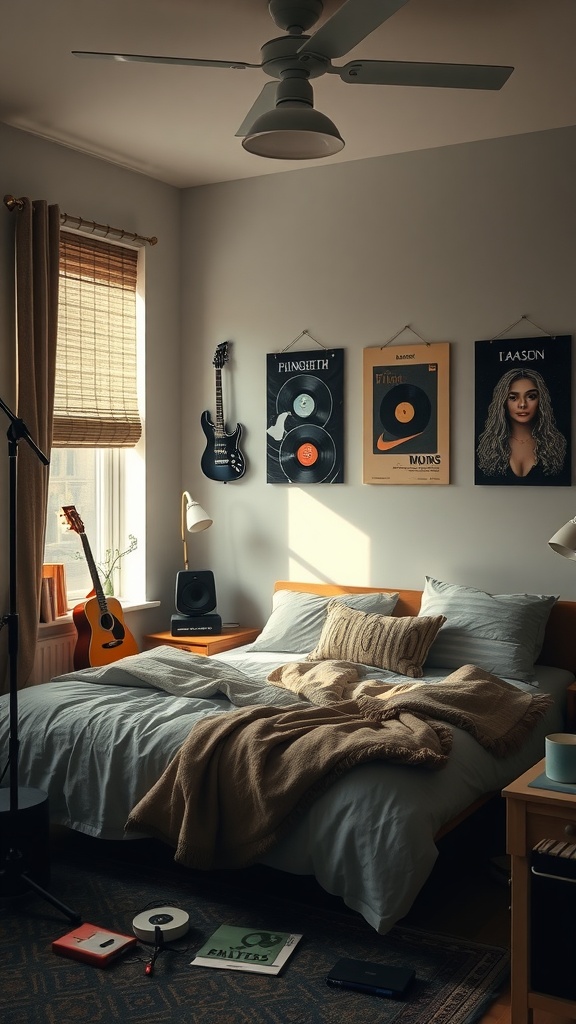 A cozy bedroom with guitars, vinyl records, and soft bedding, creating a music-themed space.