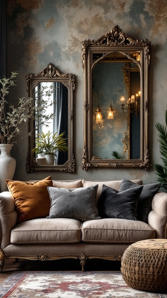 A living room featuring two ornate mirrors, a cozy couch with pillows, and decorative plants.