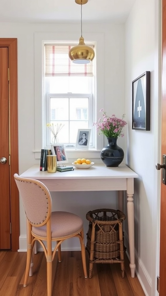Narrow console table in a small kitchen setting with a chair and decor.