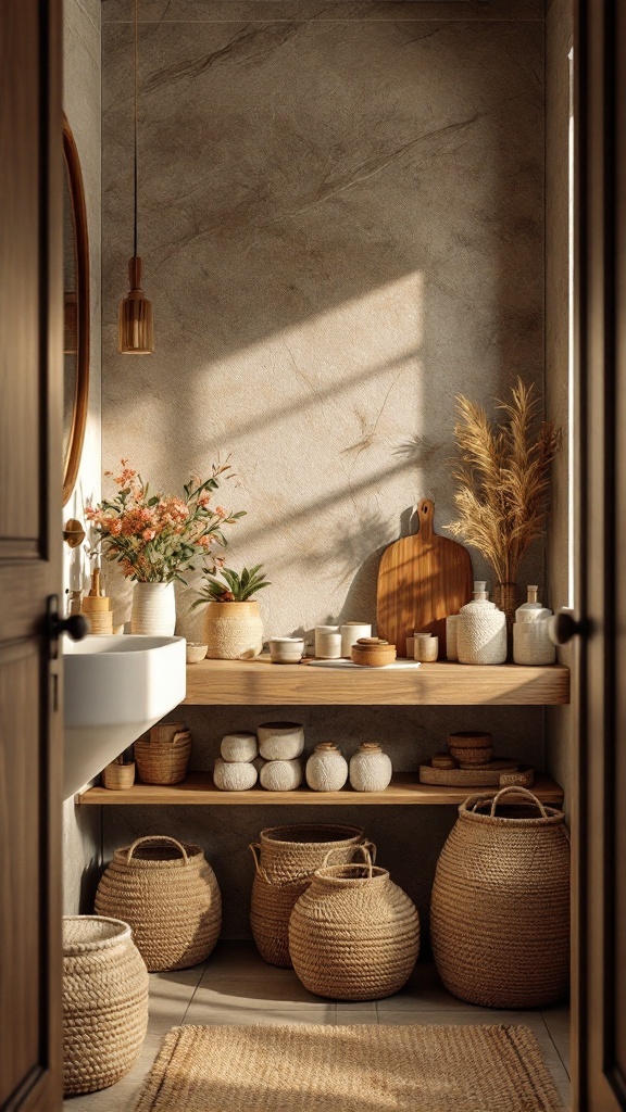 A cozy bathroom with natural fiber baskets, showcasing a warm and earthy aesthetic.