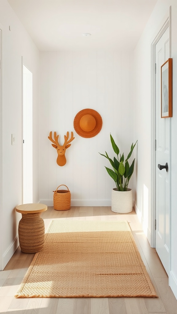 Minimalist entryway featuring a natural fiber rug underfoot.