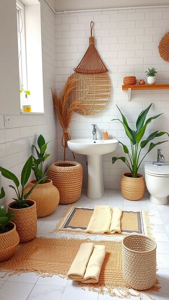 Boho bathroom setup with jute and bamboo accents, featuring plants and neutral colors.
