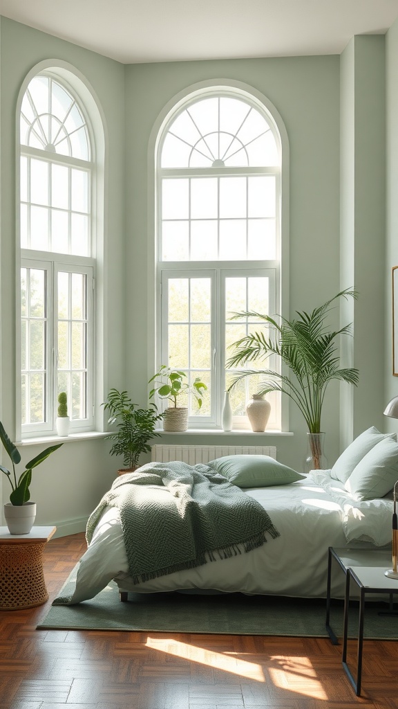 Bright sage green bedroom with large windows and rattan decor.