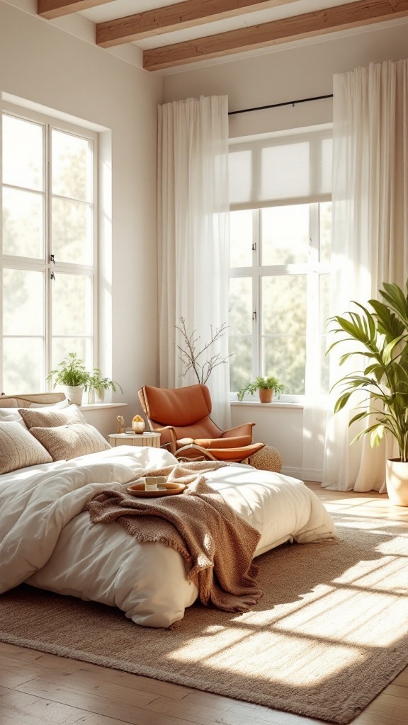 A bright and airy boho farmhouse bedroom with large windows and cozy decor.