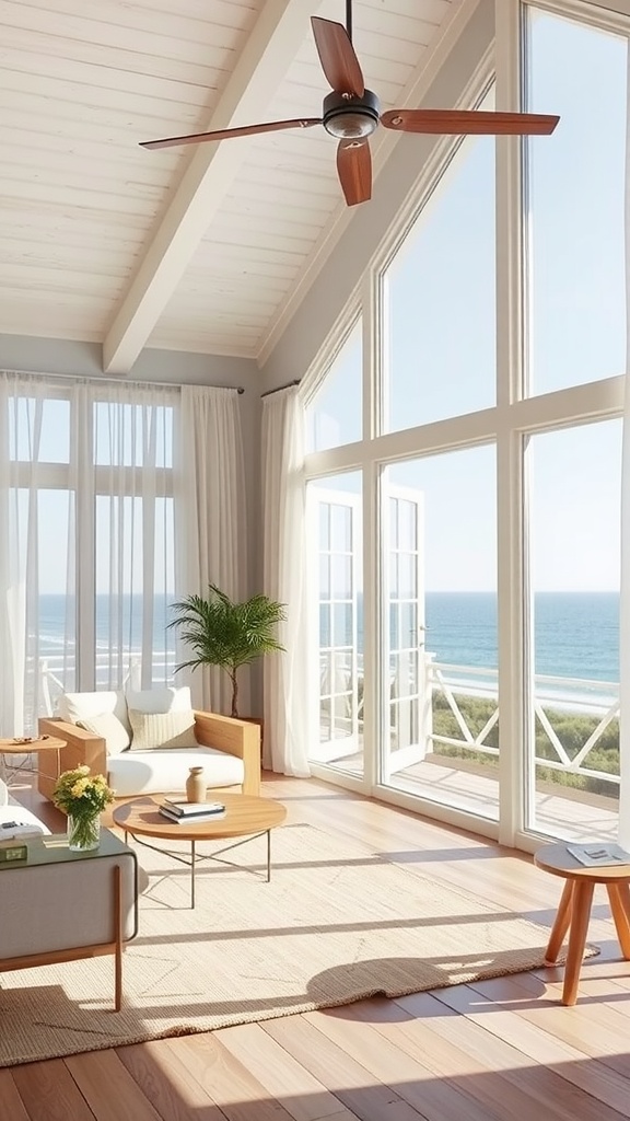 Bright coastal cottage living room with large windows overlooking the ocean