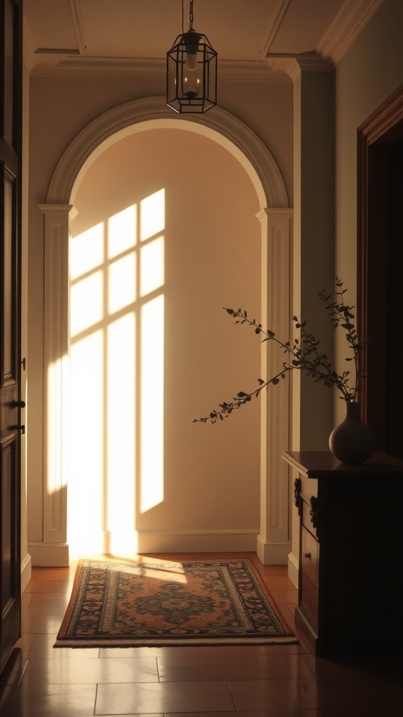 A minimalist entryway with natural light illuminating textures on the walls and floor.