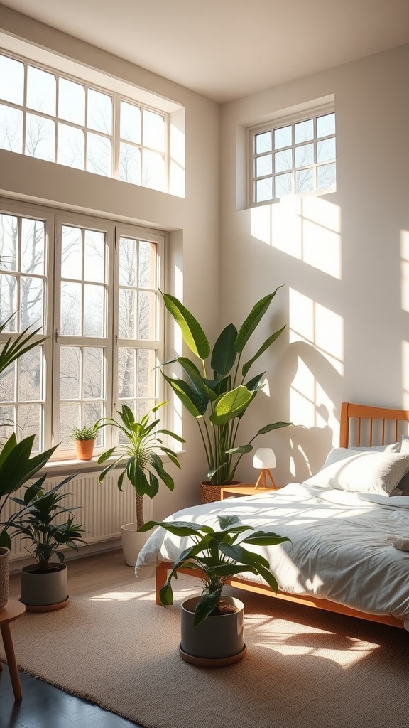 A bright bedroom with large windows, filled with plants and sunlight.