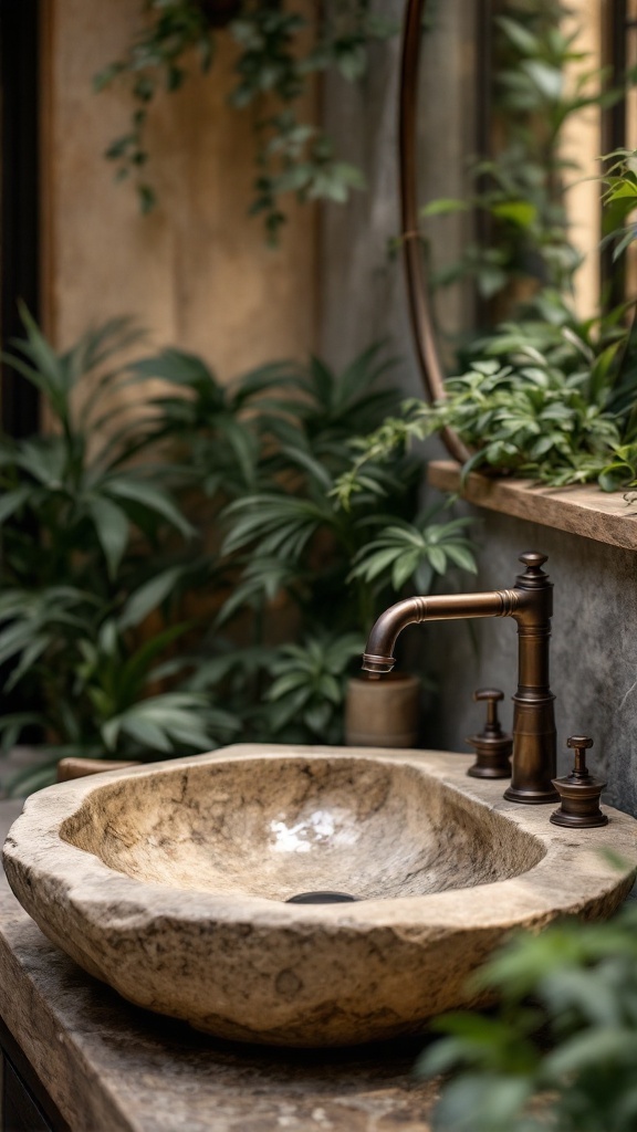 A natural stone sink surrounded by green plants in a bathroom setting.