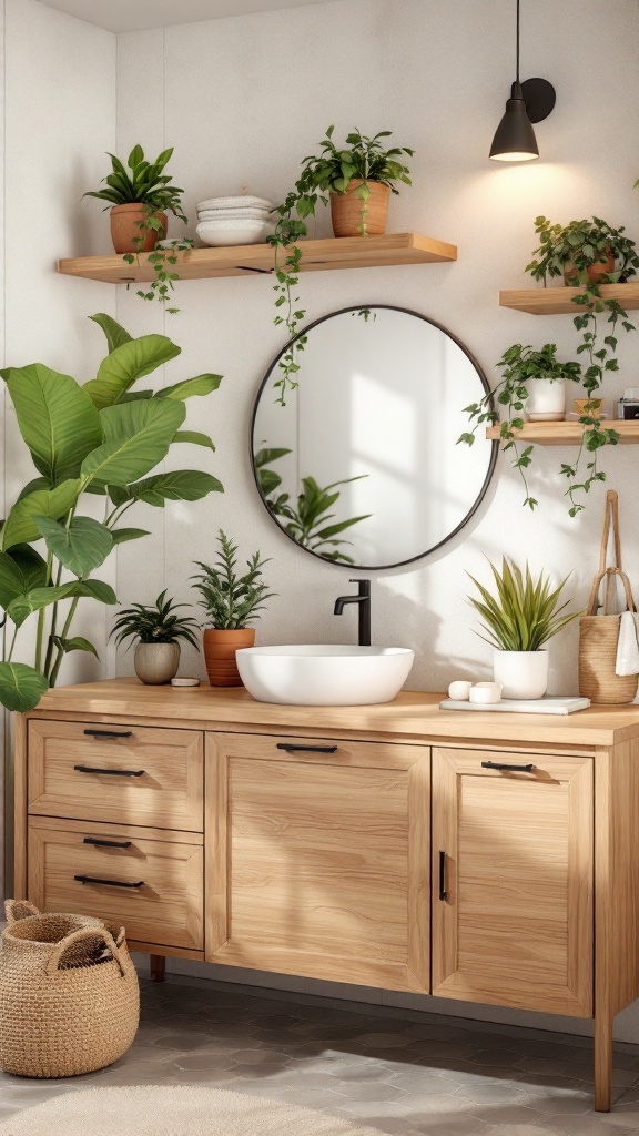 A modern bathroom featuring natural wood accents, plants, and a round mirror.