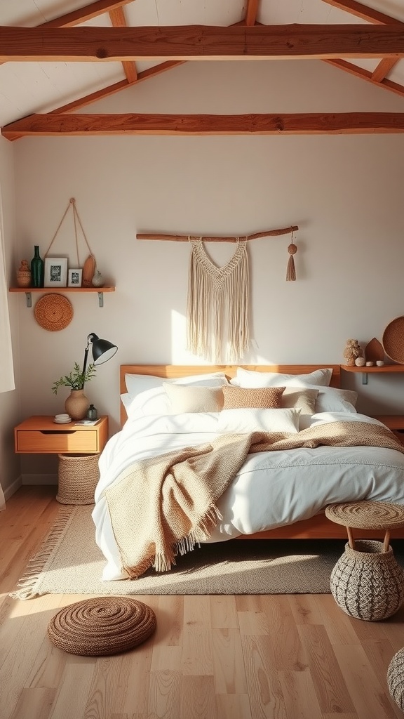 A cozy boho bedroom featuring natural wood accents, with wooden beams, a wooden bed, and earthy decor.