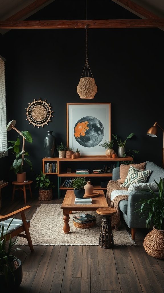 A stylish dark boho living room featuring natural wood accents and plants.