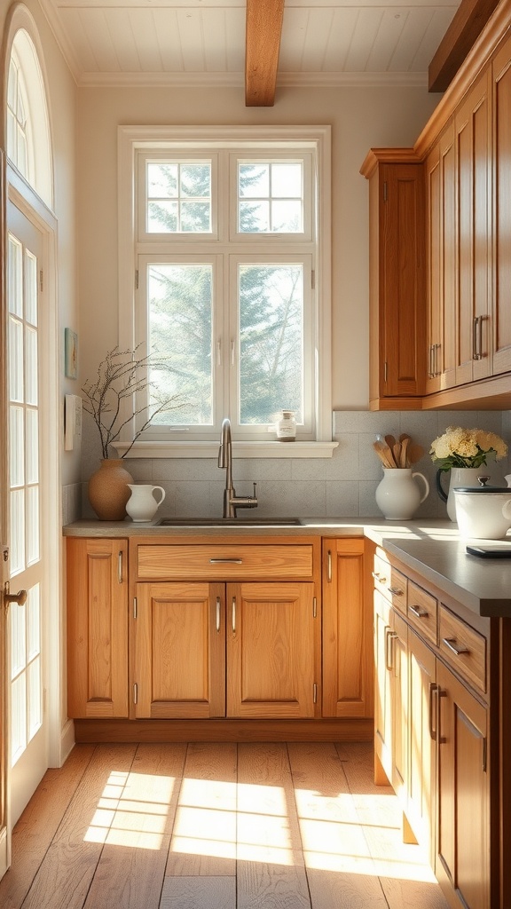 A cozy cottage kitchen with natural wood accents and sunlight streaming through the windows.