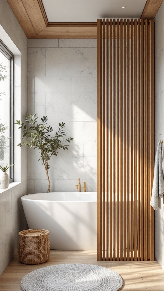 A modern bathroom featuring a wooden privacy screen, a freestanding bathtub, and natural elements.