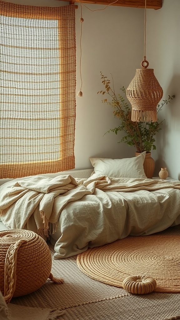 A cozy bedroom featuring natural woven textiles, including a linen bedspread, braided rugs, and woven decor.