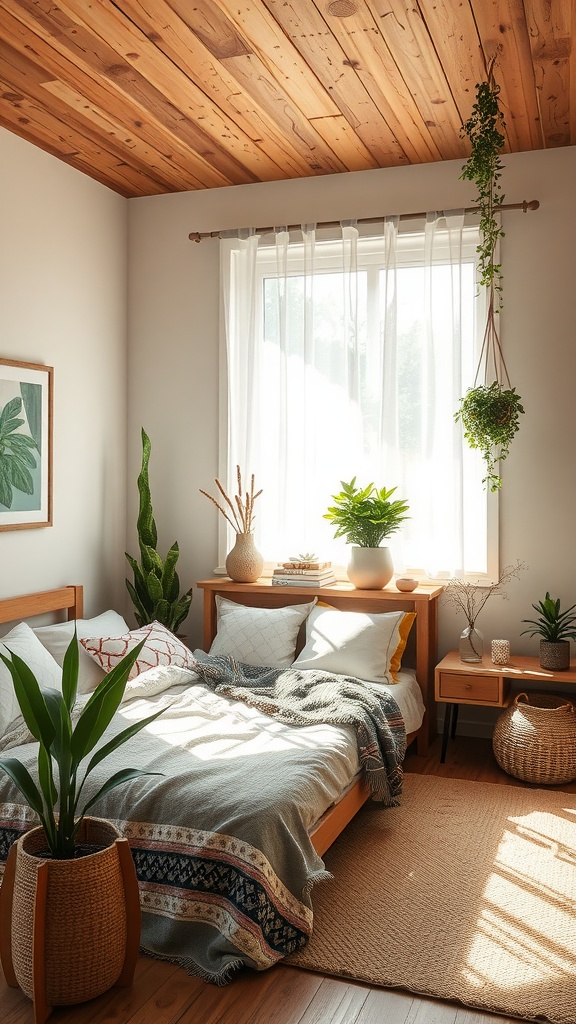 A cozy bedroom featuring wooden ceiling, plants, and natural decor elements.