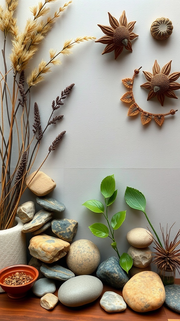 A collection of dried flowers, decorative stones, and natural elements arranged for a nature-inspired decor.