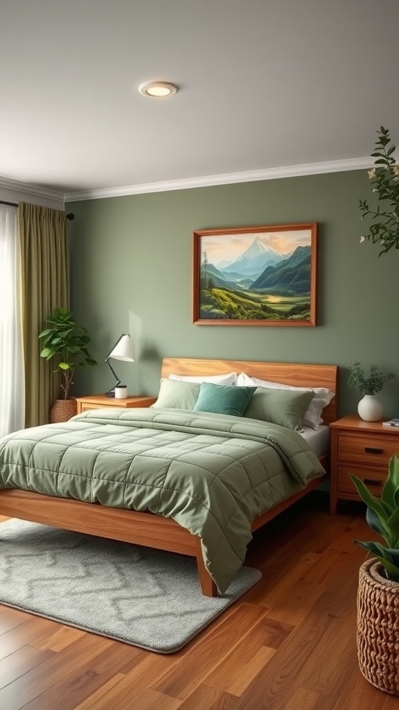 A cozy bedroom featuring green walls, a wooden bed, and a mountain landscape painting.