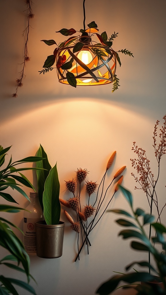A nature-inspired lighting fixture with leaves and branches, illuminating a cozy bedroom atmosphere.