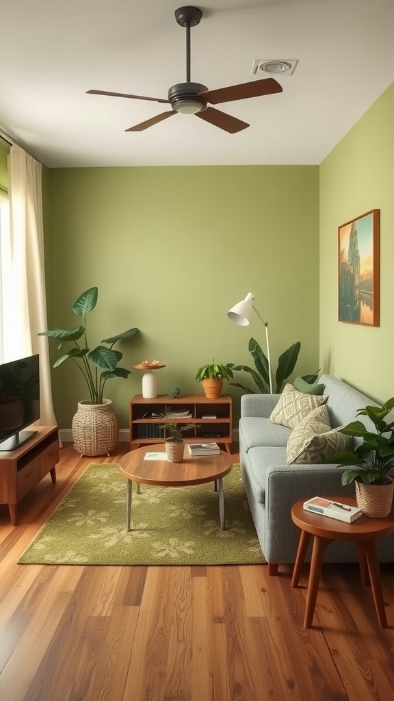 A cozy small living room with soft green walls, wooden furniture, and several indoor plants.