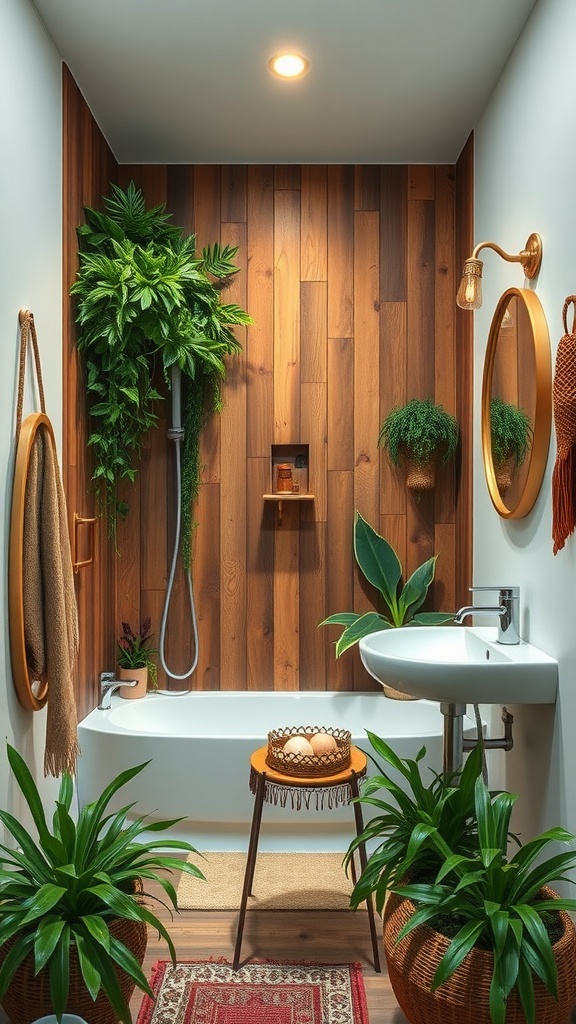 A cozy nature-inspired shower nook with wooden walls, plants, and a bathtub.