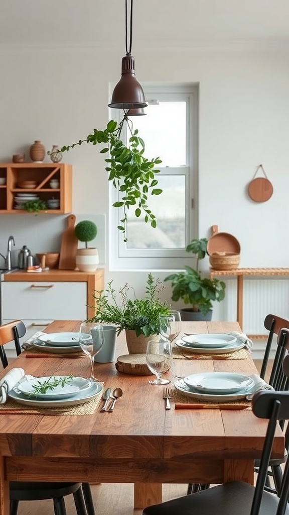 A nature-inspired kitchen table set with greenery and natural elements.