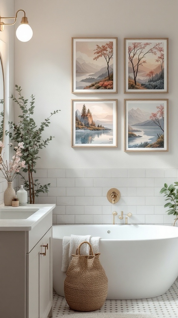 A bathroom featuring nature-inspired wall art with calming landscape paintings.