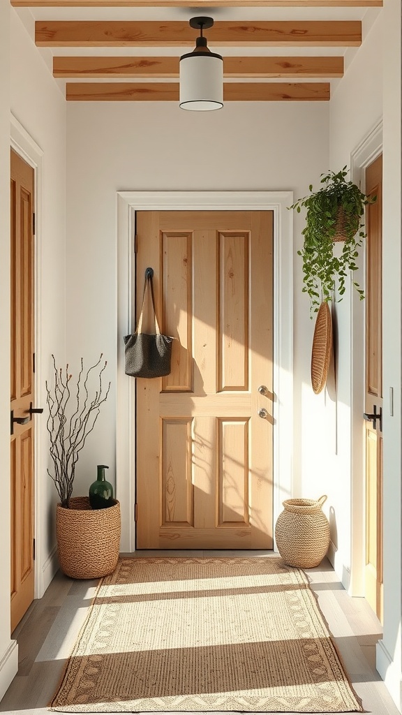 Minimalist entryway with natural textures and neutral colors.