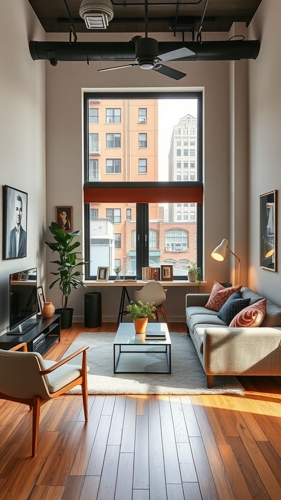 A modern small living room featuring large windows, stylish furniture, and warm wooden flooring.