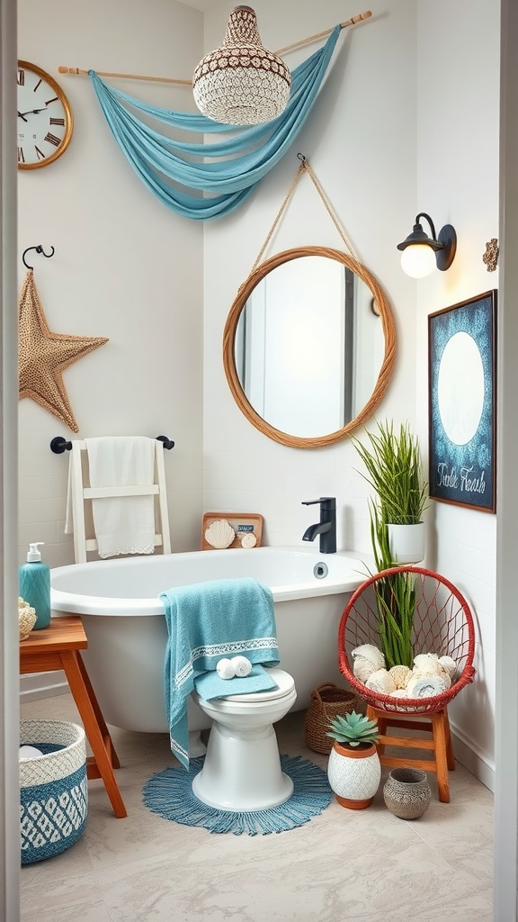 A boho bathroom setup featuring ocean-inspired decor and a relaxing atmosphere.