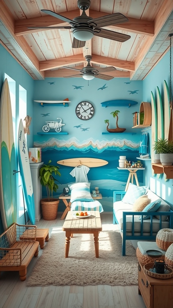 A cozy bedroom designed with an ocean wave theme, featuring blue walls, surfboards, and a relaxed beach vibe.