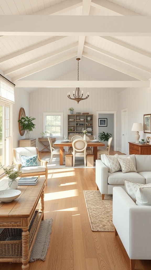 Bright and airy coastal cottage living room featuring an open concept design