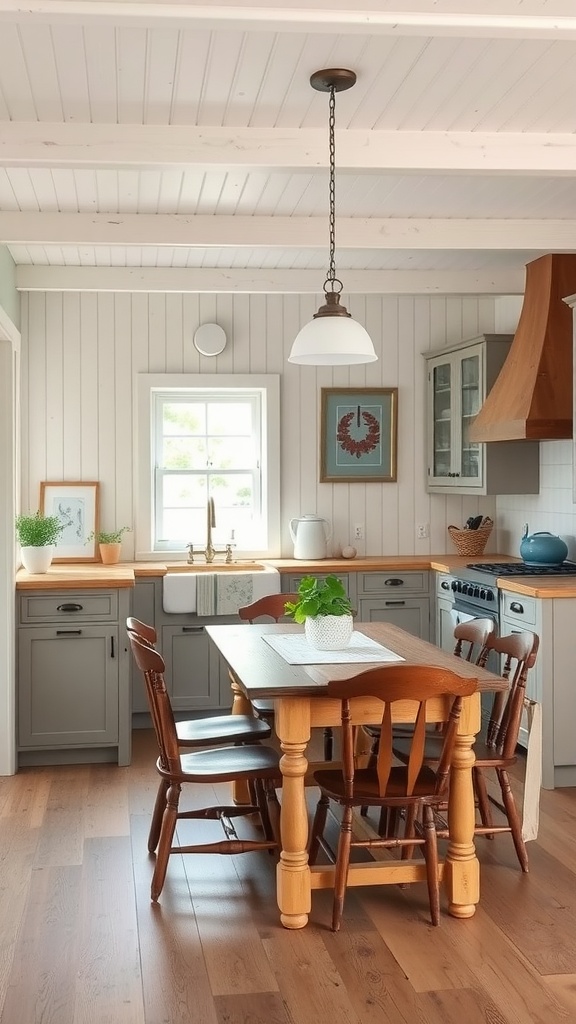 Cozy cottage kitchen featuring an open concept layout with a wooden dining table and chairs.