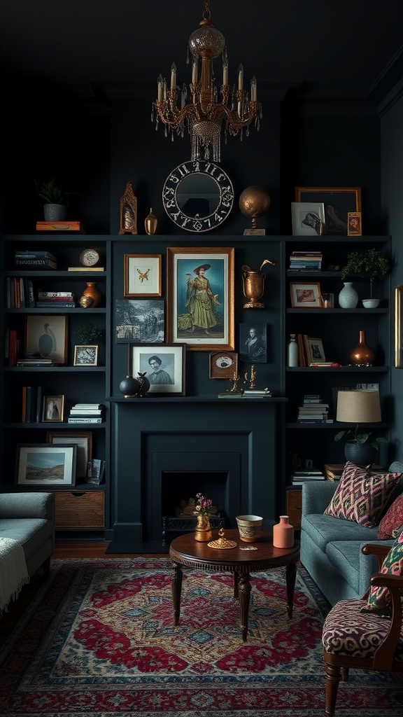 A dark boho living room with open shelving displaying various decor items and books.
