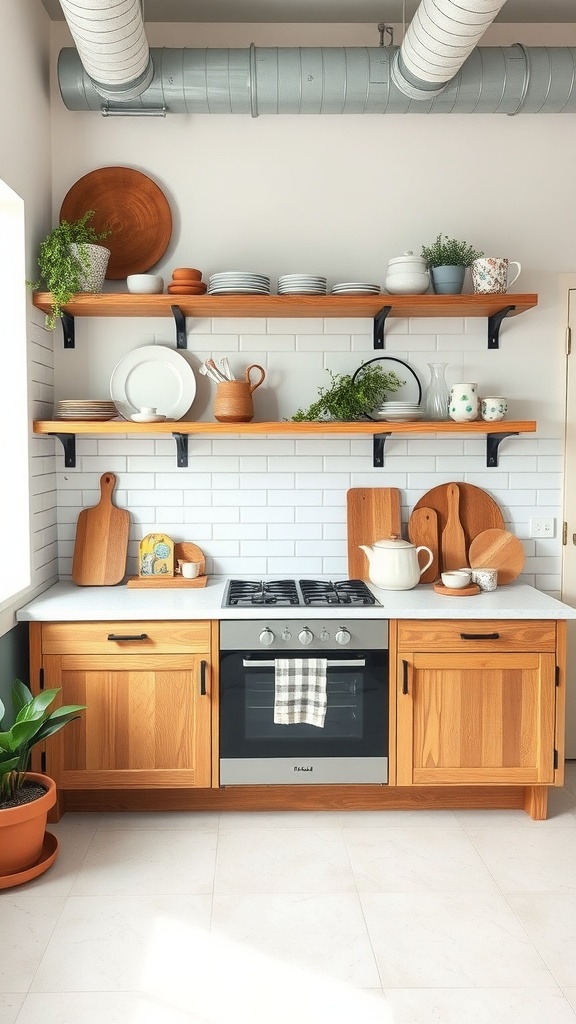 A kitchen with open shelving displaying plates, pots, and decorative items.