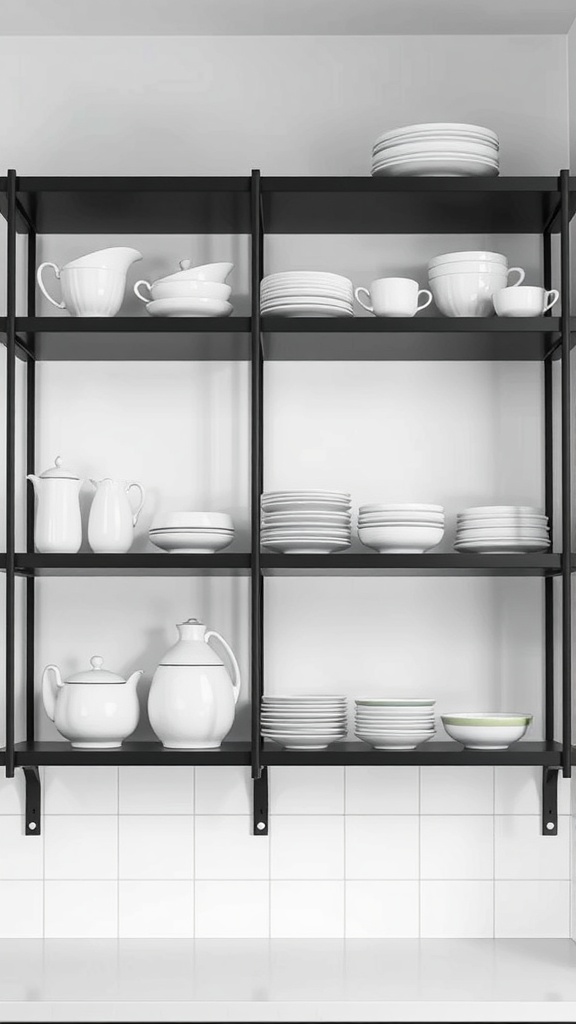 Black open shelving with white plates and teapots displayed