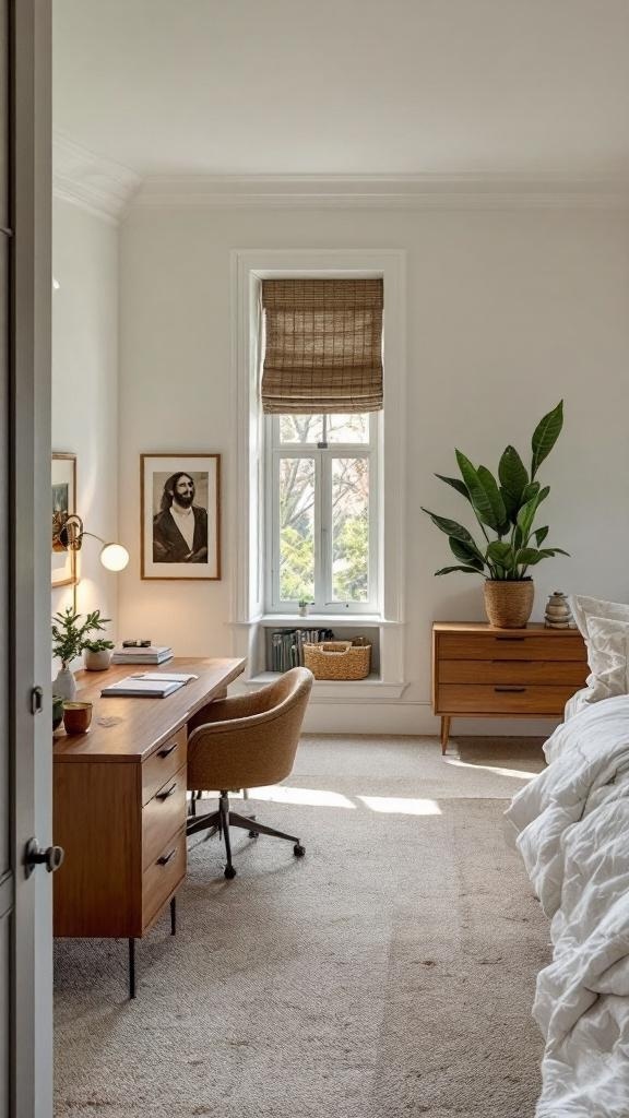 A cozy guest bedroom with a desk, a comfortable chair, and a plant, showcasing a functional layout.