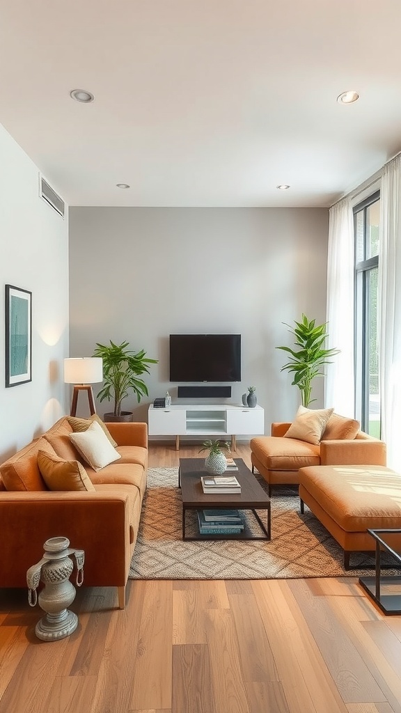 A modern living room with an open layout, featuring stylish furniture and plants.